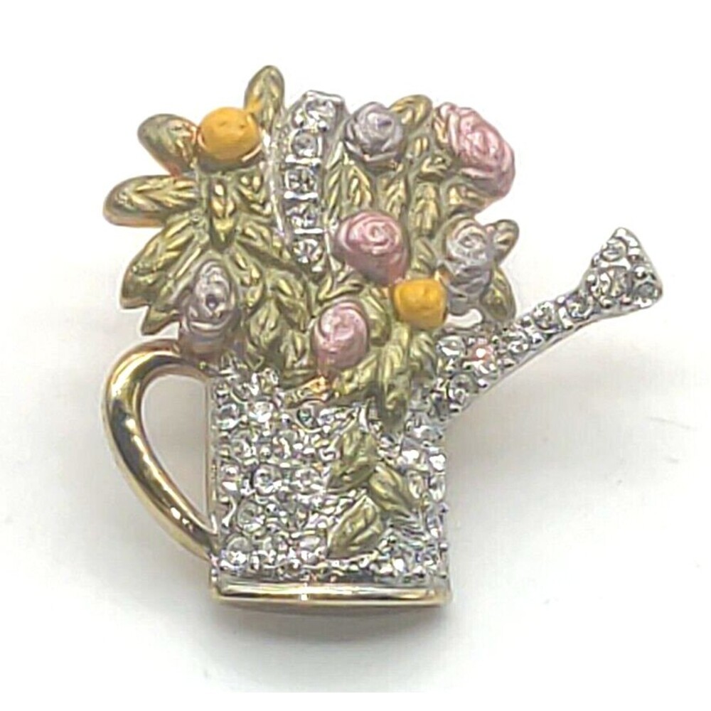 Vtg Unsigned Goldtone Hat Pin Tack Rhinestone and Enamel Flower Bucket Water Can